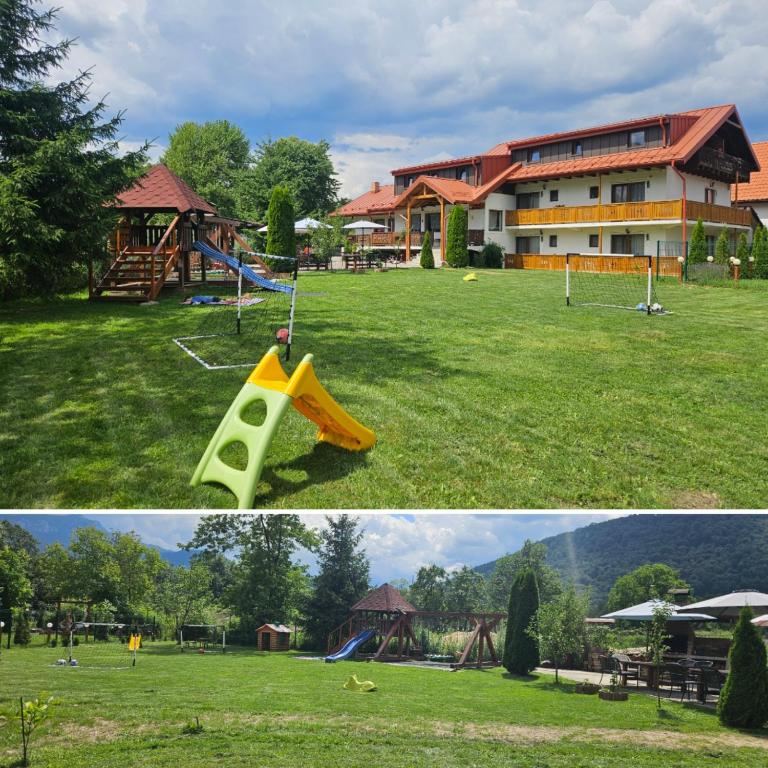 Pensiunea Casa Gobbel vara, cu grădină și munți în fundal